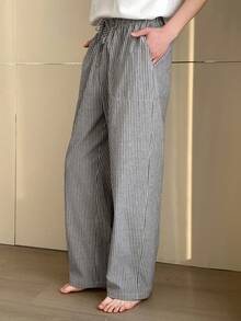 DAZY Pantalones de estar por casa con cintura elástica a rayas grises para hombres, primavera/verano - Gris - Ver 4
