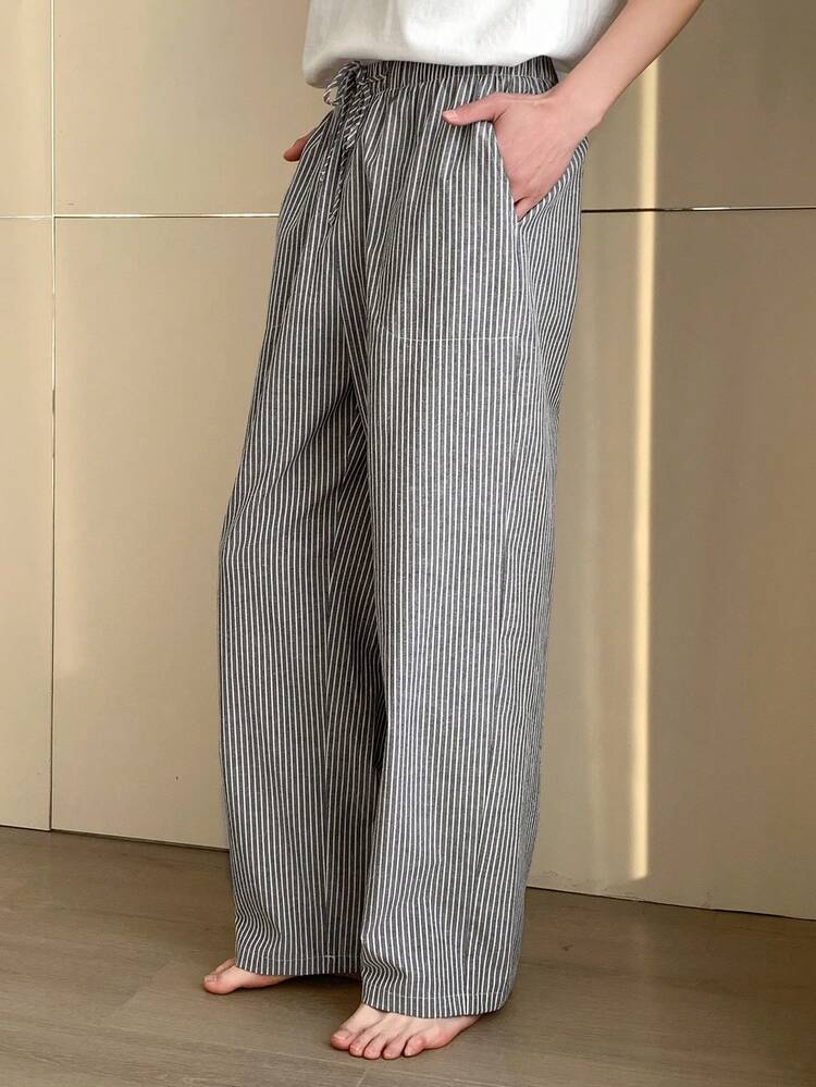 DAZY Pantalones de estar por casa con cintura elástica a rayas grises para hombres, primavera/verano - Gris - Añade 4