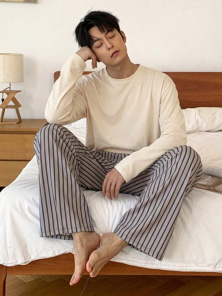 2pcs Men's Spring Multi-Color Long Sleeve T-Shirt And Pants Pajama Set