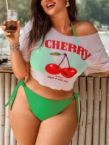 Swim Mod 2026新款加大码女士纯色三角杯挂脖性感比基尼套装，带透视半袖，三件套简约时尚度假休闲泳装 - 綠色 - 查看 1