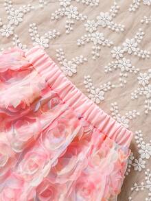 SHEIN 少女彩色3D玫瑰纹理网纱A字公主裙，百搭可爱甜美日常装扮 - 粉色 - 查看 7