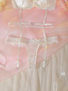 DelicateAllure 2pcs Women Lace Eyelash Patchwork Satin Ribbon Heart Contrast Color Set Wedding Lingerie For Bride White Lace Lingerie Lingerie For Women Adult - White - View 3