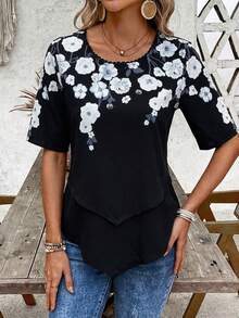 EMERY ROSE 女士印花短袖衬衫，休闲夏季款 - 藏蓝色 - 查看 5