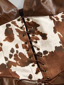 ROMWE Hippie 女士复古音乐节西部牛仔动物印花拼接PU露背连衣裙 - 棕色 - 查看 3