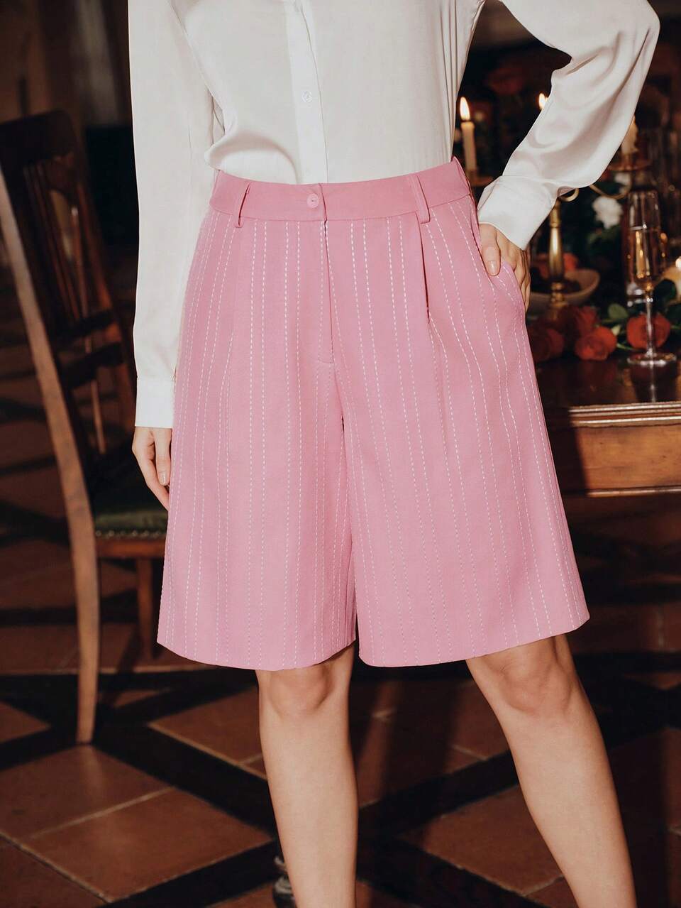 Anewsta Women's Pink Stripe Blazer Shorts Set,Elegant Embroidered High Waist Bermuda Shorts,Summer Valentine's Day Suit,Brunch Outfits For Women