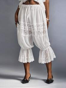 Amplova Romantic Vacation Sheer Comfortable Chiffon & Contrast Lace Low Waist Lantern Pants Capri - White - View 8