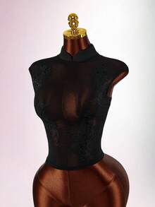 Amplova 女士薄纱花卉上衣，性感露背设计，立领，性感撩人 - 黑色 - 查看 9