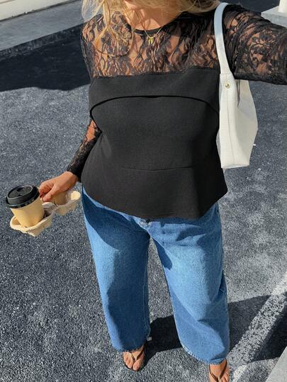 Lounesse 大码女式圆领蕾丝拼接性感透视长袖黑色T恤，时尚休闲装及假日穿搭