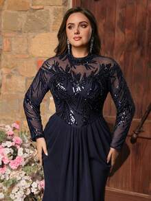 Glamrae Plus Size Elegant Navy Blue Luxurious 3D Beaded & Sequin Embroidered Asymmetrical Neck Sheer Long Sleeve Ruched Fishtail Formal Gown, Suitable For All Formal Occasions - Navy Blue - View 5