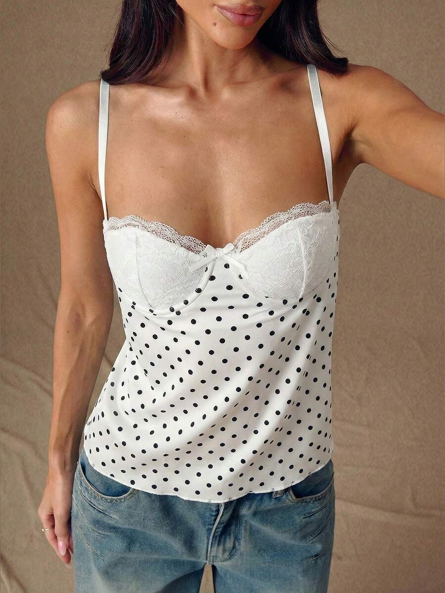 SHEIN BAE 女士撞色蕾丝波点印花蝴蝶结装饰吊带背心 - 白色 - 查看 1