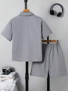 SHEIN 2pcs Tween Boys' Casual Color-Blocked Shirt And Loose Shorts Set, Suitable For Commuting, School, Daily Casual, Vacation, Sports, Spring/Summer/Autumn/Winter 15 Year Old Boy Clothes Shorts Boys Short Suit Tween Boy Clothes Short Set - Grey - View 2