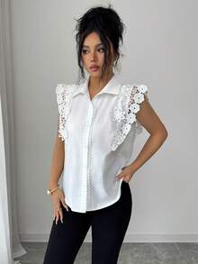 Elenzga Áo kiểu nữ dáng tiêu chuẩn mùa xuân/hè, phối ren, họa tiết hoa 3D, thanh lịch. - trắng - Xem 5
