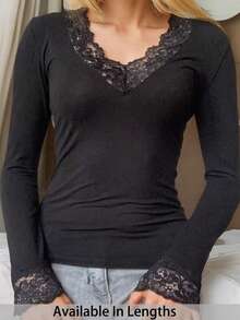 SHEIN Tall CURVE 大码女式撞色蕾丝长袖修身时尚T恤，蕾丝拼接蕾丝打底衫长袖蕾丝V领上衣，春季，情人节，优雅女式衬衫，黑色上衣 - 黑色 - 查看 5