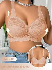 DesireSculpt 1pc Plus Size Women Lace Wireless Bra - Apricot - View 3