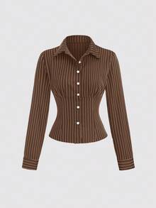 Sweetra Fashionable Contrast Color Textured Button Fitted Waist Flattering Striped Collar Long Sleeve Blouse For Women - Coffee Brown - View 2