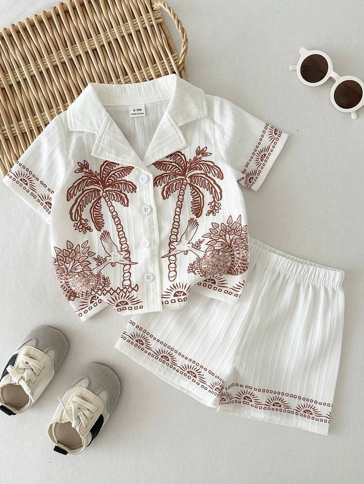 Playful Pals Baby Boy Geometric Pattern Patchwork Collar Short Sleeve Shirt And Shorts Set - White - View 3