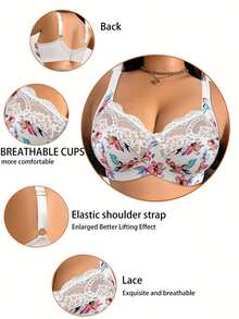 DesireSculpt 1pc Plus Size Lace Patchwork Wireless Bra - Multicolor - View 3