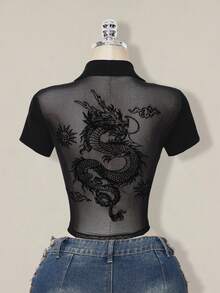 SHEIN ICON 女士时尚性感龙纹网纱拼接T恤，夏季 - 黑色 - 查看 10