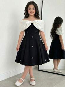 Serisse Kids 1pc Champagne Off-Shoulder Pearl Trim Black Mini Dress - Black - View 1