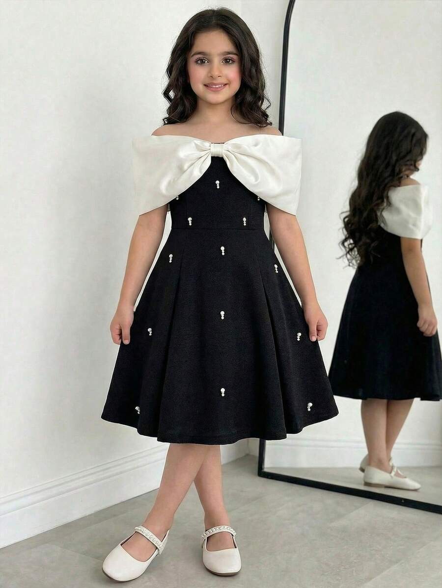 Serisse Kids 1pc Champagne Off-Shoulder Pearl Trim Black Mini Dress - Black - View 1