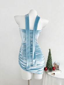 Elamini 女士迷你连衣裙，黑色天鹅绒拼接，毛绒褶皱修身不对称下摆，领口系带，性感百搭，适合圣诞节、约会、派对等场合。 - 淺藍色 - 查看 2