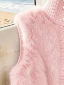 GlowEve 女士立领仿毛皮单排扣马甲，时尚百搭的秋冬休闲外套 - 粉色 - 查看 4