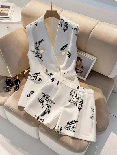 GlowEve CURVE 2pcs/Set Plus Size Women V-Neck Sleeveless Cinched Waist Digital Print Tank Top, Spring/Summer