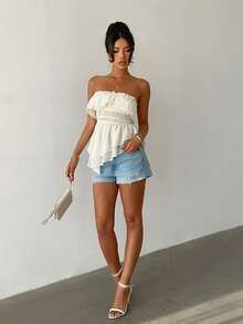 Aloruh 女士新款优雅浪漫时尚杏色荷叶边艺术褶皱抹胸上衣，适合婚礼、日常穿着、约会等场合。 - 杏色 - 查看 8