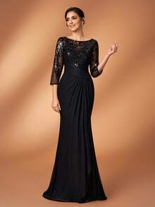 Serin 优雅奢华的珍珠亮片刺绣蕾丝贴花薄纱袖针织网纱荷叶边鱼尾连衣裙，适合婚礼、派对、节日、新娘、新娘母亲、晚礼服等场合。 - 黑色 - 查看 6