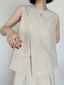 FRIFUL 女士圆领不对称下摆交叉上衣和阔腿纯色长裤两件套 - 米色 - 查看 9