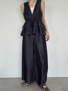 FRIFUL 女士深V领荷叶边下摆抽绳腰吊带背心和阔腿牛仔裤套装 - 藍色 - 查看 1