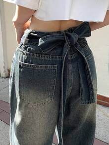 FRIFUL 女士高腰带口袋阔腿宽松休闲百搭牛仔短裤 - 藍色 - 查看 1