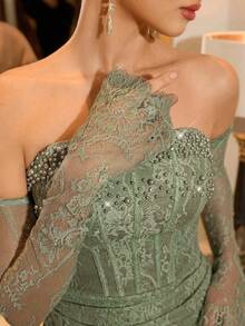 Poshira 奢华珠饰闪亮高端正式礼服，优雅精致情人节礼服，亮片连衣裙，碎花连衣裙，嘉年华奢华绿色鸡尾酒礼服，女士绿色性感连衣裙，生日晚宴礼服，性感绿色闪亮连衣裙，绿色亮片连衣裙，女士迷你连衣裙，蕾丝迷你连衣裙，无肩带绿色连衣裙，优雅迷你连衣裙 - 綠色 - 查看 5