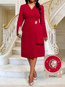 Fleurora 大码女式V领长袖腰部褶皱优雅连衣裙 - 紅色 - 查看 1