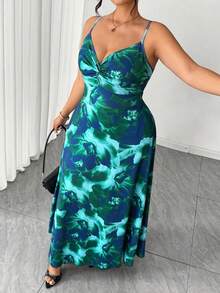 SHEIN Elenzya 大码女式扎染印花针织吊带连衣裙，扭腰设计，开衩下摆，优雅百搭，适合外出和通勤。 - 綠色 - 查看 7