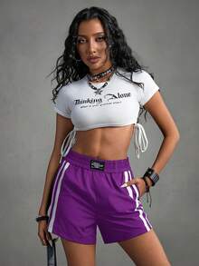 SHEIN Sports 女士弹力腰带休闲百搭日常户外运动短裤紫色运动短裤紫色短裤女士运动短裤 - 紫羅蘭色 - 查看 3