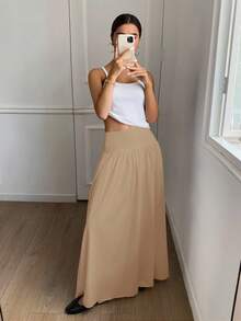 Serisse Chân váy xếp ly khóa kéo màu trơn dành cho nữ, kiểu dáng thường ngày, đa năng. - Màu Khaki - Xem 2