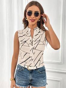 SHEIN Essnce 女士休闲几何印花无袖翻领衬衫，夏季 - 杏色 - 查看 6