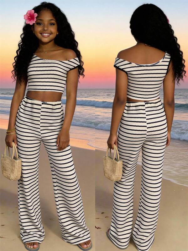 Sparklyn Tween Girl Casual Daily Vacation Cropped Asymmetric-Shoulder Snug Fit Top + Loose Striped Waffle Knit Tank Top Set