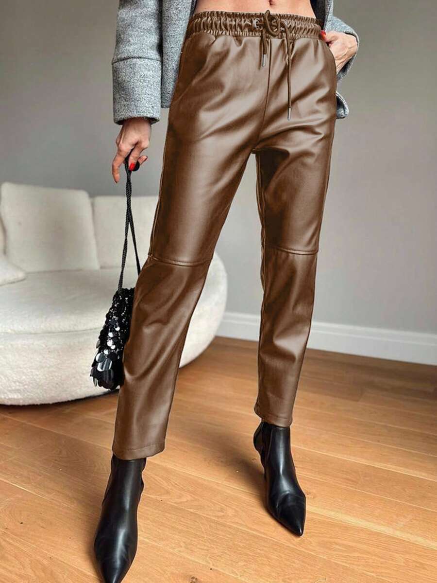 EURMUSE Women's Solid Color Drawstring Waist Casual Pants - Chocolate Brown - View 1