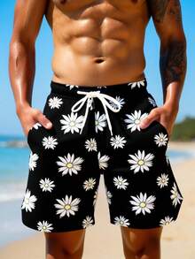 Manfinity Swimmode 男士雏菊印花抽绳腰带沙滩短裤 - 黑色 - 查看 6