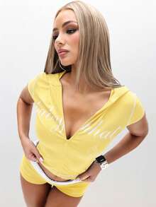 BABYPHAT Short Sleeve Hooded Zip Up Crop Top With White Logo Script Design And Front Zipper Closure For Casual Spring Summer - Light Yellow - View 7