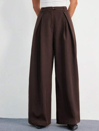 Aveloria Modichic Deep Coffee High-Waisted Wide-Leg Pants, Minimalist Pleated Craftsmanship, Modern Urban Style, Suitable For Workplace, Business And Casual Occasions, D-Ring Metal Decoration Belt, Fitted Waistband Design, Relaxed Draping Silhouette, Quality Polyester Blended Fabric, Comfortable And Textured, Key Fashion Keywords: High-Waisted Wide-Leg Pants, D-Ring Belt, Fitted Waistband, Relaxed Fit, Business Casual Pants, Dark Coffee Color, Office Pants, Fashionable Trousers. Retro High-Waisted Draping Long Pants, Metal Buckle Waist Design