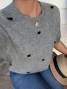 Dazy Plus Plus Size Women Heart Pattern Short Sleeve Casual Knit Top, Spring/Summer - Grey - View 8