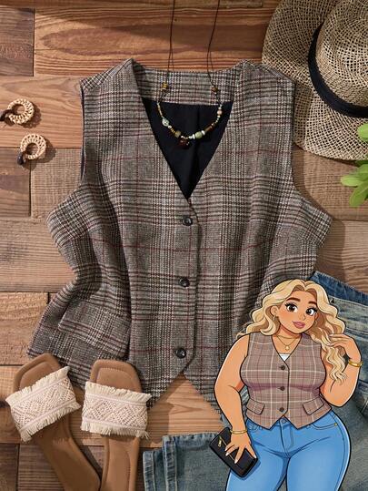 EMERY ROSE Plus Size Women Fashion Casual Plaid Print Vest Jacket,Vacation/Summer/Spring
