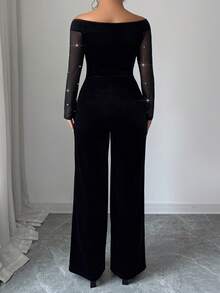 Elenzga Mono de noche de moda para mujer talla grande con parches de malla y decoración de perlas falsas - Negro - Ver 2