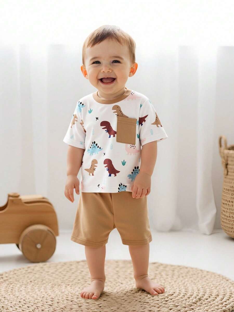 SHEIN Vintaside Kids Bộ đồ 2 món cho bé trai/bé gái: áo thun gân phối màu tương phản và quần dài màu xanh dương, trang phục thường ngày thoải mái, đa năng, phù hợp cho các dịp hè. - Màu Khaki - Xem 1
