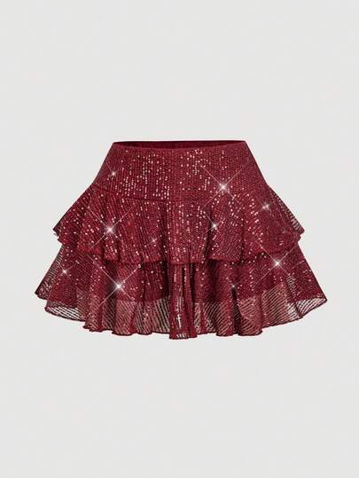 SHEIN MOD 女士亮片低腰纯色双层荷叶边时尚迷你裙