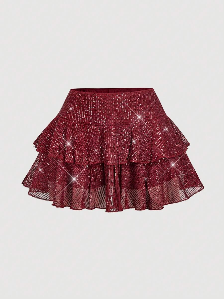 SHEIN MOD Women's Sequin Low Waist Solid Color Double Ruffle Hem Fashionable Mini Skirt - Burgundy - View 1
