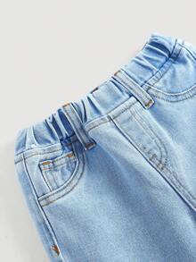 SHEIN Baby GirlCartoon Pony & Rainbow Pattern Blue Denim Loose Pants - Light Wash - View 3